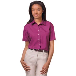 Blue Generation Ladies' Short Sleeve Superblend Poplin Shirt With Bone Buttons