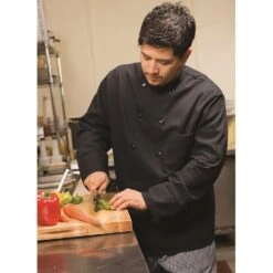 Chef Designs Ten Pearl Button Black Chef Coat W/Thermometer Pocket